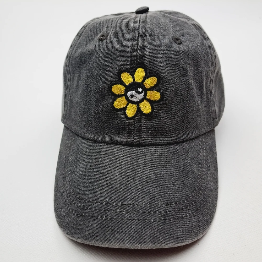 Yin Yang Flower Embroidered Relaxed Cotton Hat Cap Gray Washed Adjustable Women